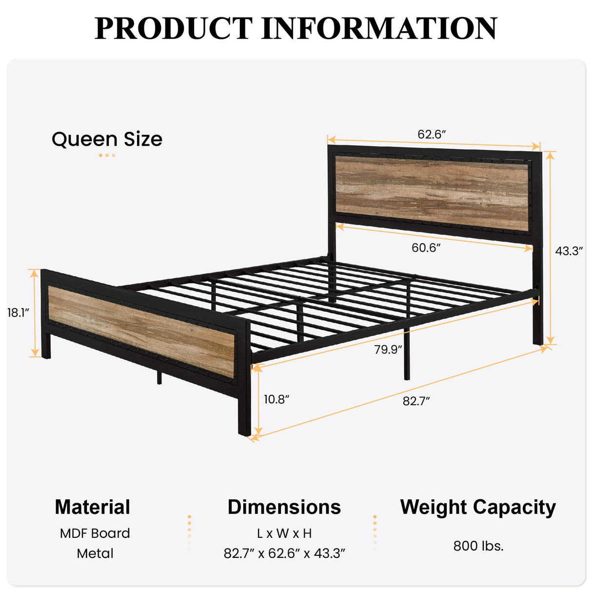 Heavy Duty Metal Bed Frame Queen Size, Platform Bed Frame with Wooden Headboard Footboard,