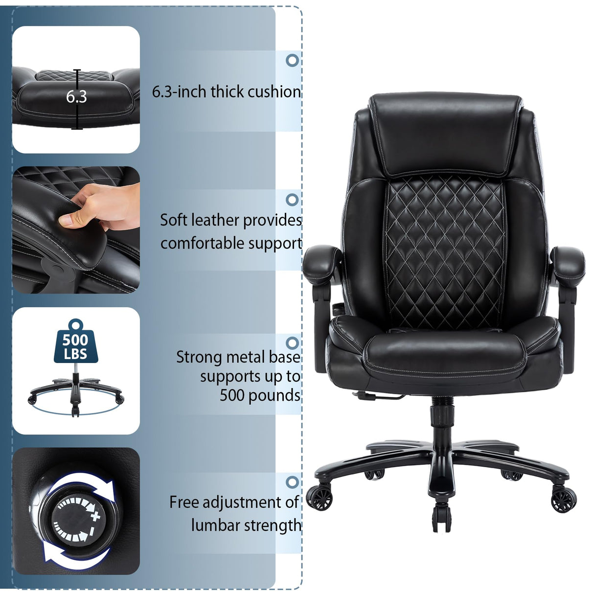 Big and Tall 500LBS Heavy Duty Executive Office Chair, Bonded Leather Swivel Task Chair