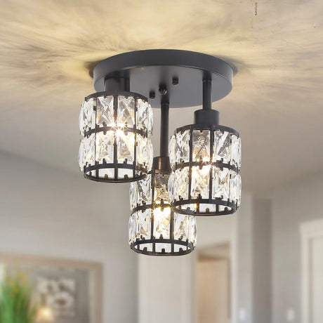 Semi Flush Mount Ceiling Light, 3-Light Close to Ceiling Light Fixture Black Small Crystal