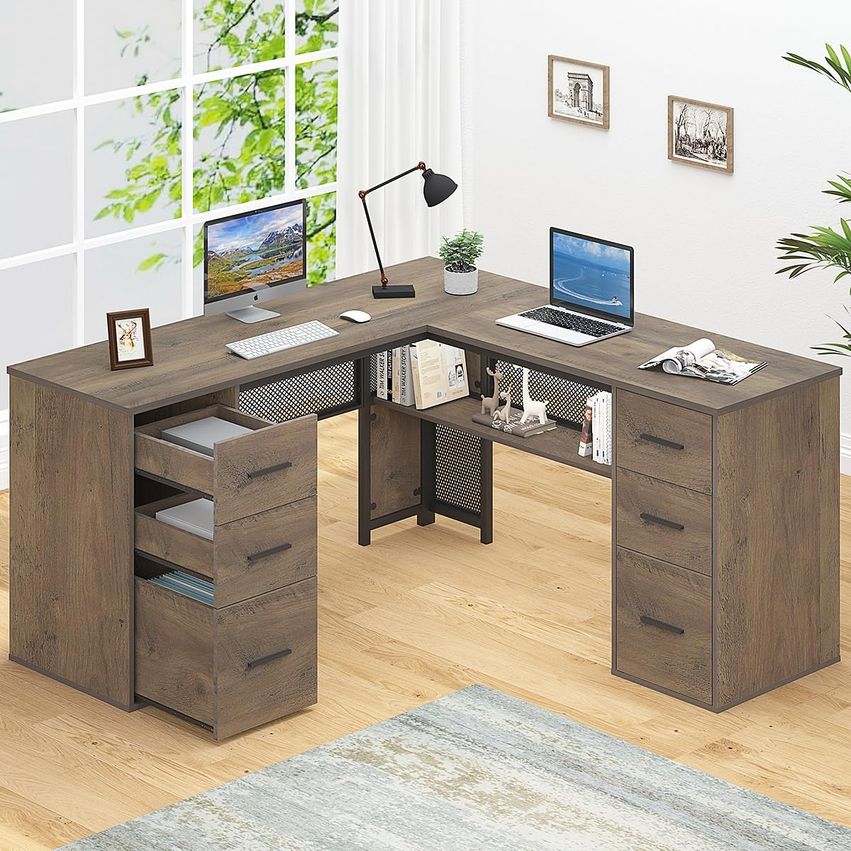 Large L Shaped Home Office Desk with Drawers, Rustic L-shaped Computer Desk