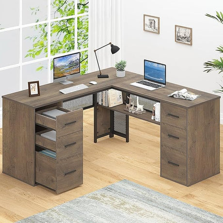 Shaped Corner Home Office Desk with Drawers, Large Computer Desk with Storage File Cabinet Shelves, Rustic Wood Metal Computer Table for Bedroom Executive Work Study Writing, Dark Gray, 59 Inch