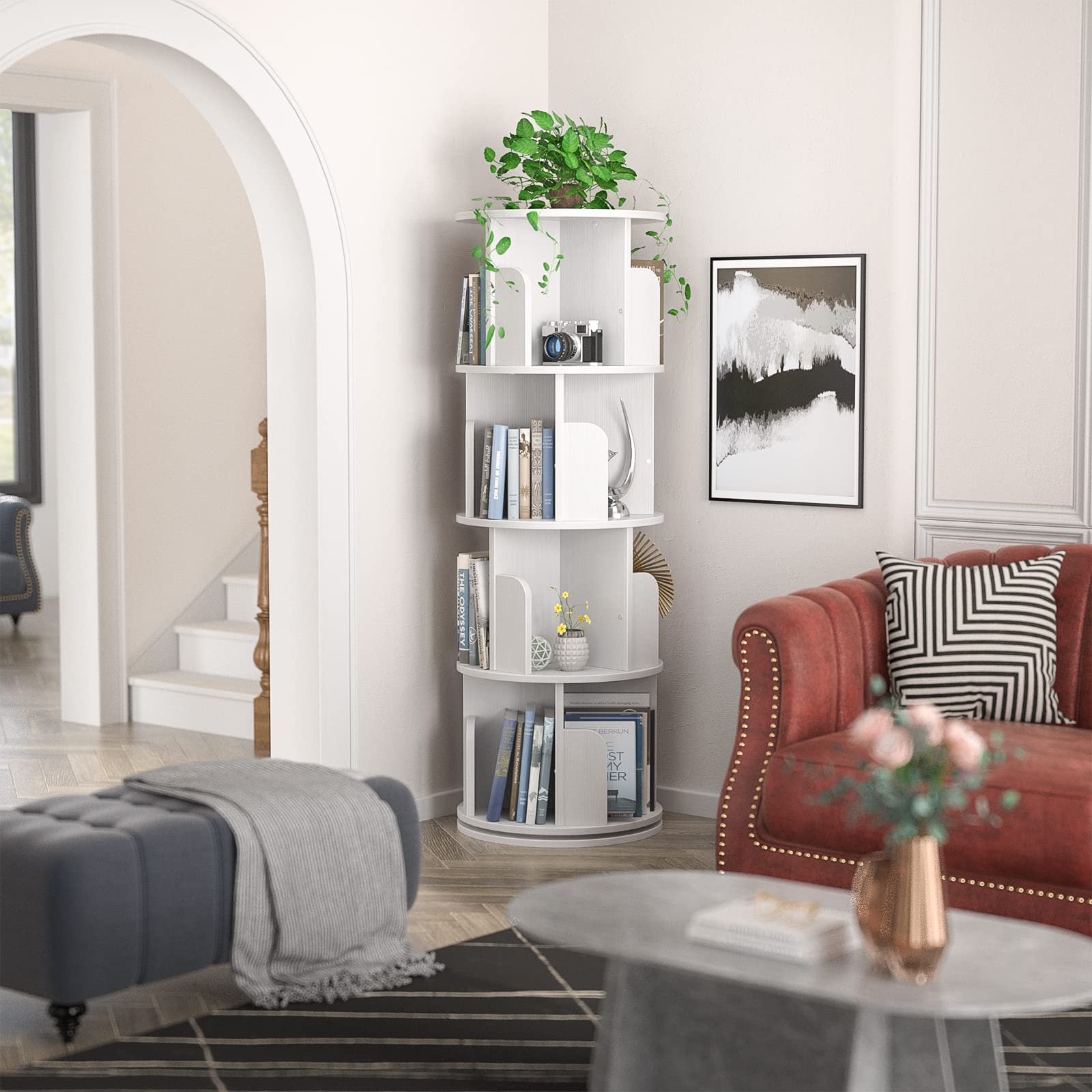 Rotating Bookshelf, Small Corner Bookshelf for Small Space, 360 Display 4 Tier Floor