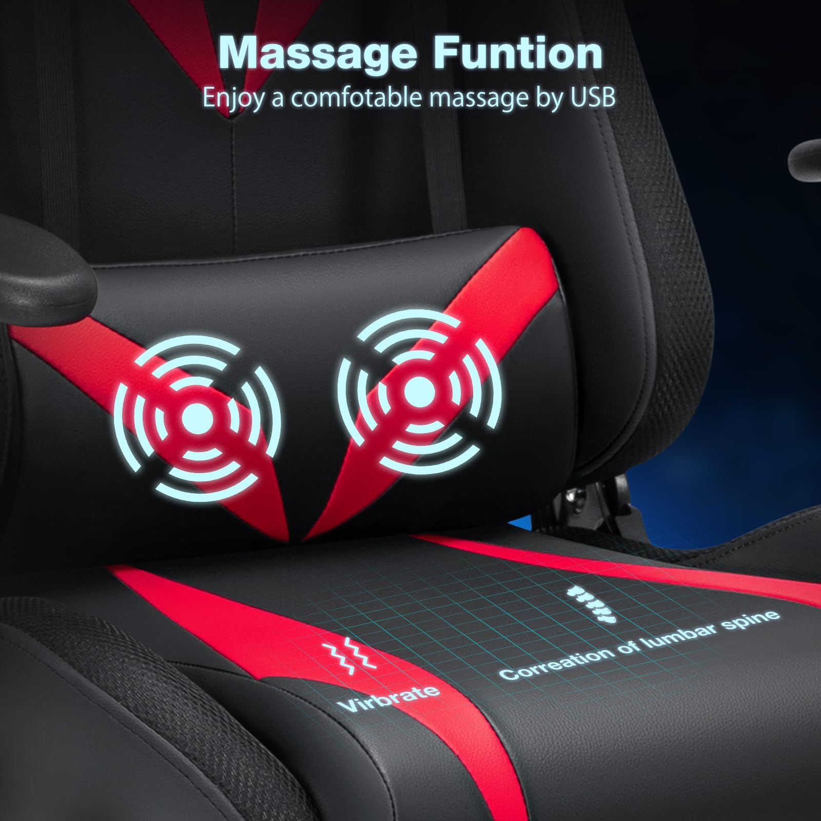 Gaming Chair with Bluetooth Speakers, LED Lights & Massage - Reclining with Footrest