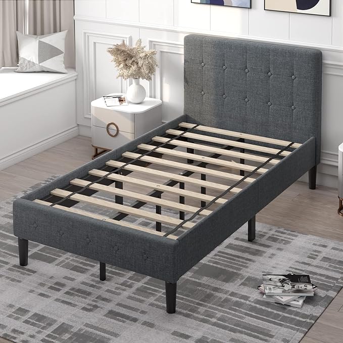 Upholstered Twin Bed Frame with Headboard, Solid Wood Slat Support Mattress