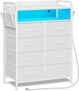 Dresser with Power Outlets and LED Lights, 8 Drawers Dresser with Side Pockets, Fabric