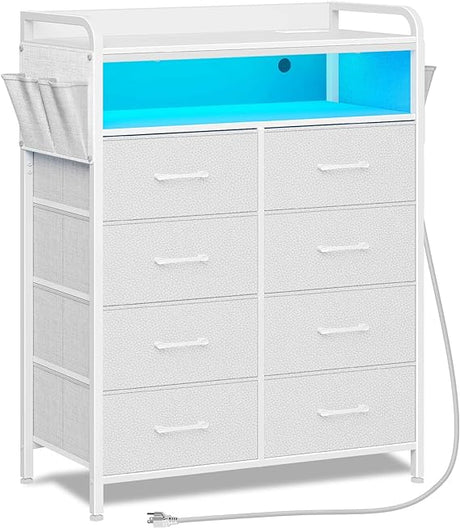 Dresser with Power Outlets and LED Lights, 8 Drawers Dresser with Side Pockets