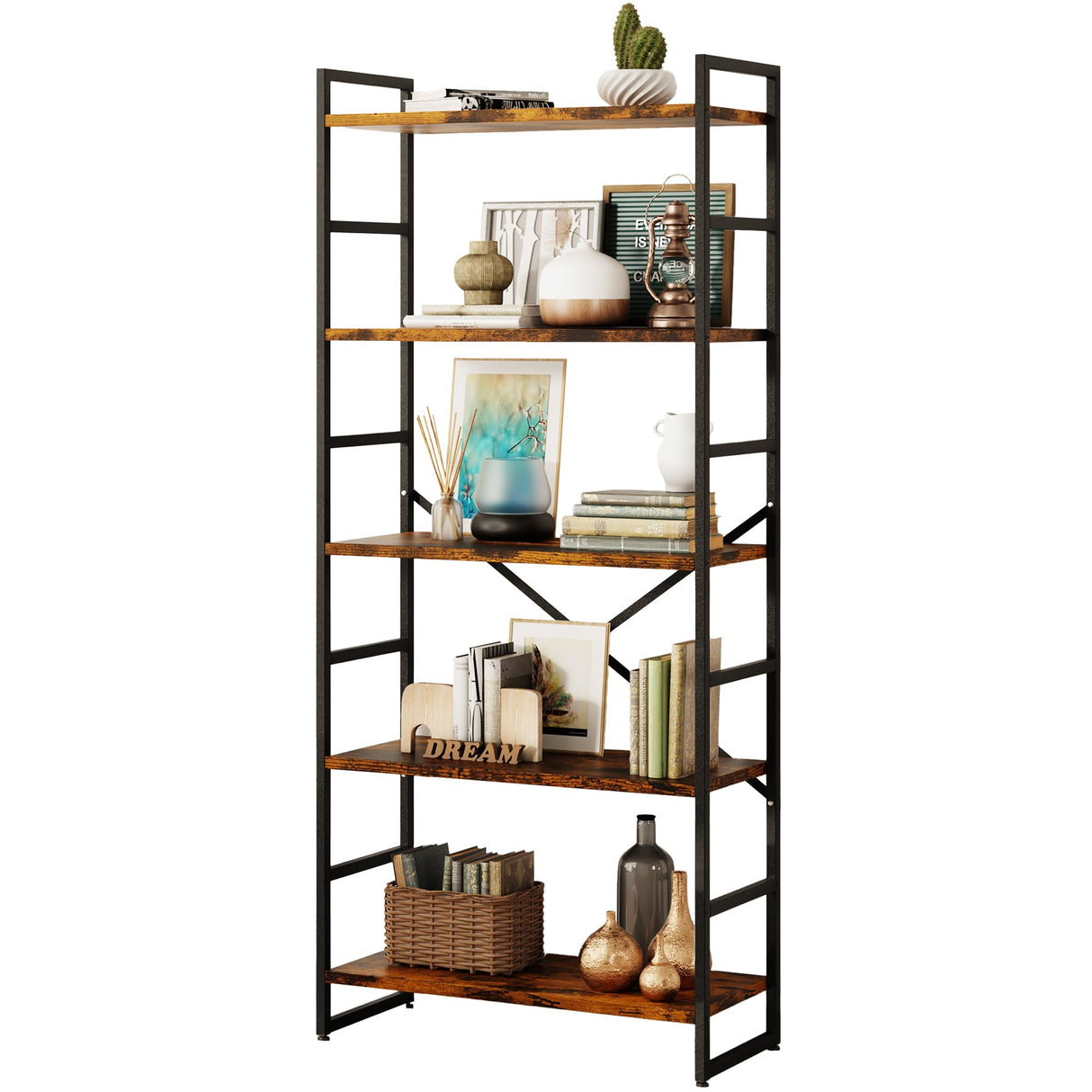 5 Tiers Bookshelf, Classically Tall Bookcase Shelf, Industrial Book Rack, Modern Book