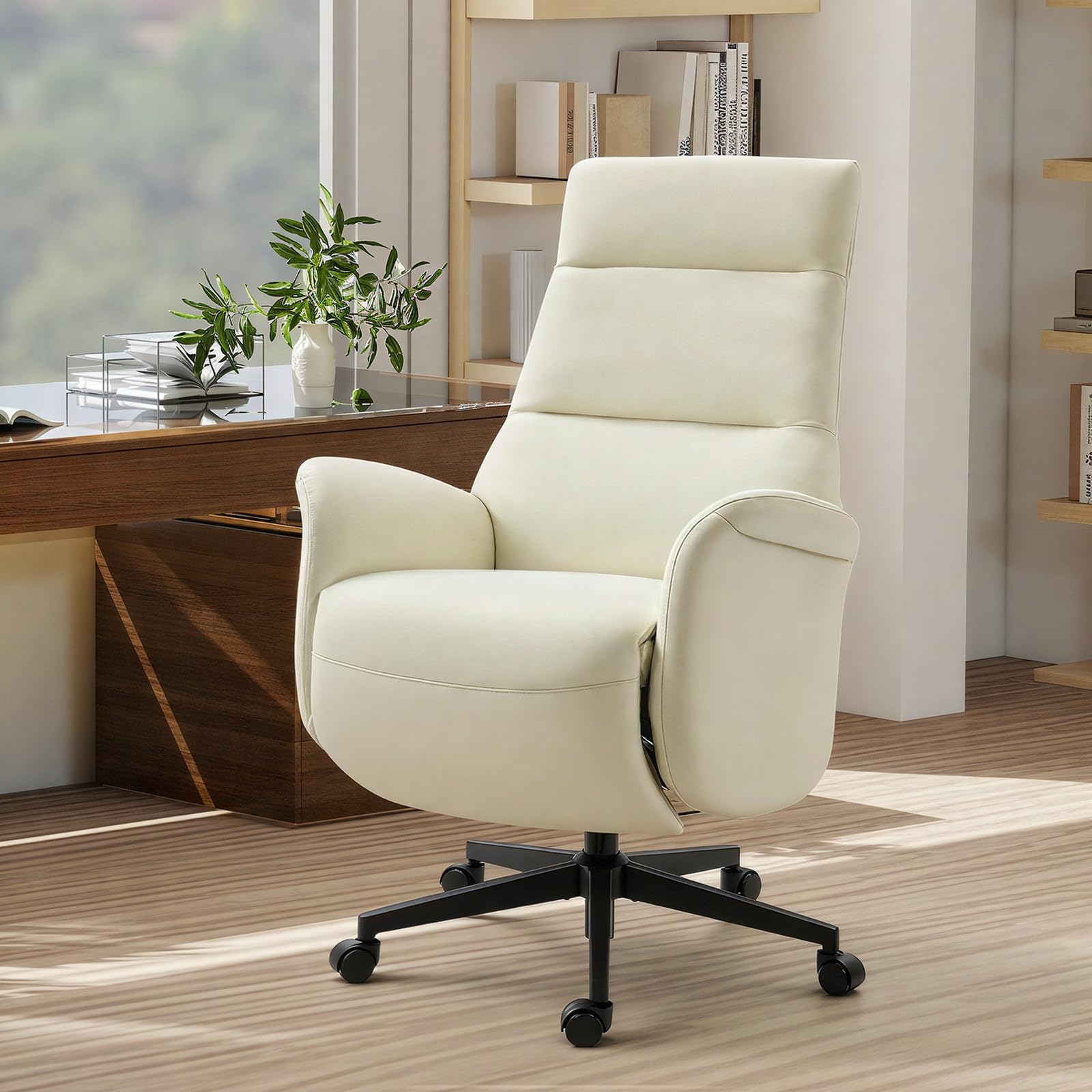 Electric Executive Office Chair with Footrest - Ergonomic PU Leather Recliner, Beige