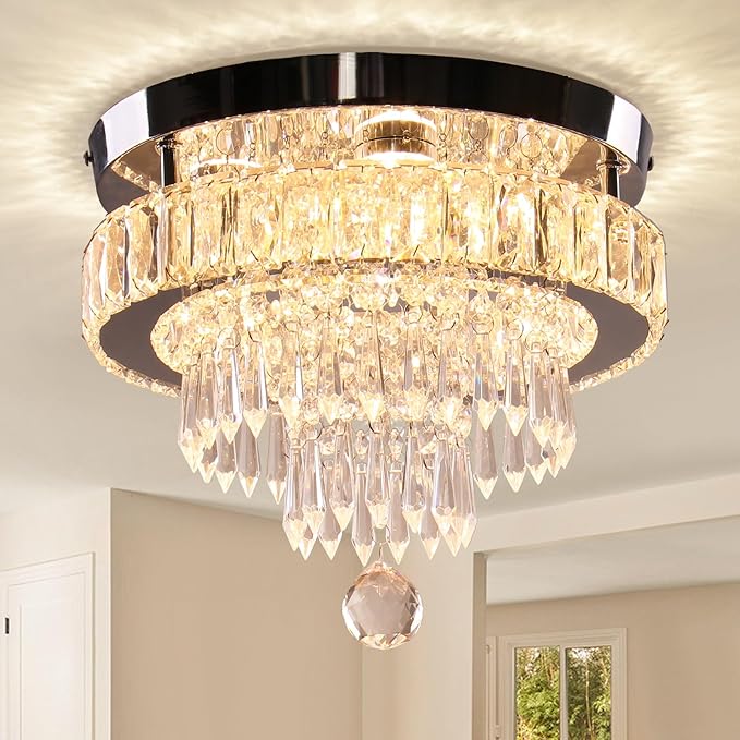 16" Crystal Chandelier 2 Rings Crystal Ceiling Light Fixture Modern Chandelier LED Chandeliers Light Fixture for Dinning