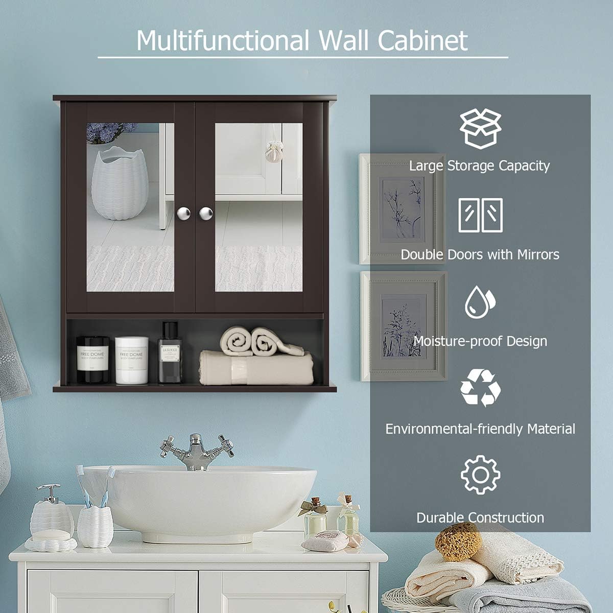 Bathroom Cabinet Wall Mounted with Double Mirror Doors, Wood Hanging Cabinet with Doors and Shelves,