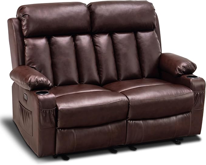 Electric Power Loveseat Recliner, Faux Leather Power Reclining Sofa with Heat and Massage, USB Ports, Cup Holders for Living Room 6095 (Loveseat Recliner with Console, Dark Brown)