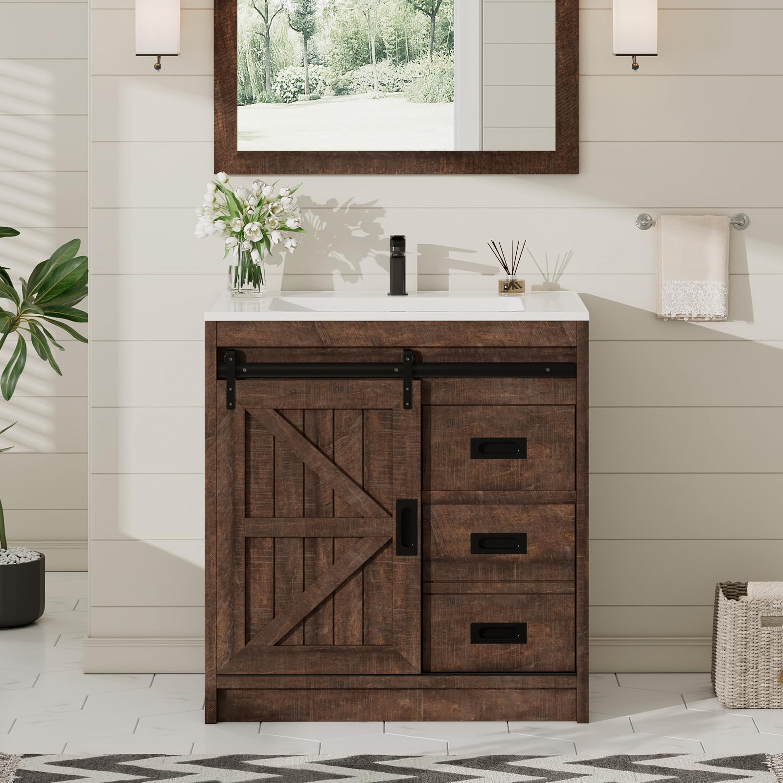 Sliding Barn Door Bathroom Vanity with Sink, 31in Farmhouse Bathroom Vanity Cabinet