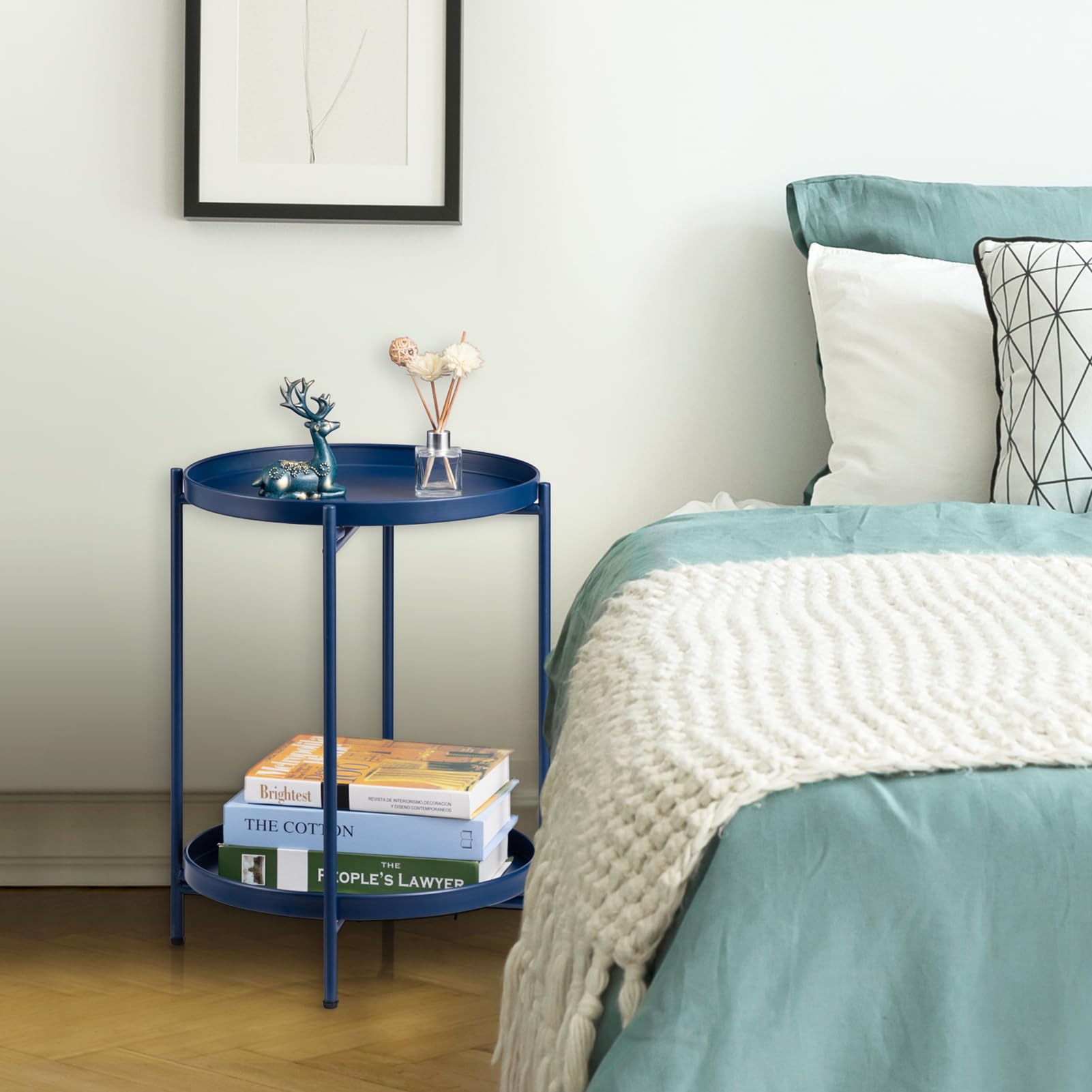 2-Tier Round Side Table, Outdoor Small Folding Accent Stand with Removable Tray