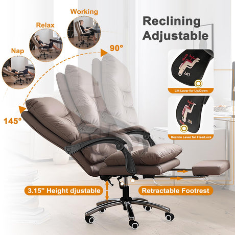 HDHNBA Office Chair Comfortable Computer Desk Chairs High Back Reclining Executive Office Chair PU Leather Adjustable Height Gaming Chair with Wheels, Light Coffee