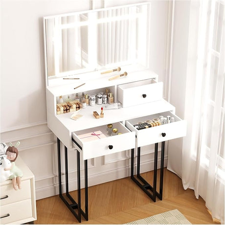 White Vanity Desk with Mirror, Metal Vanitys with 3 Drawers