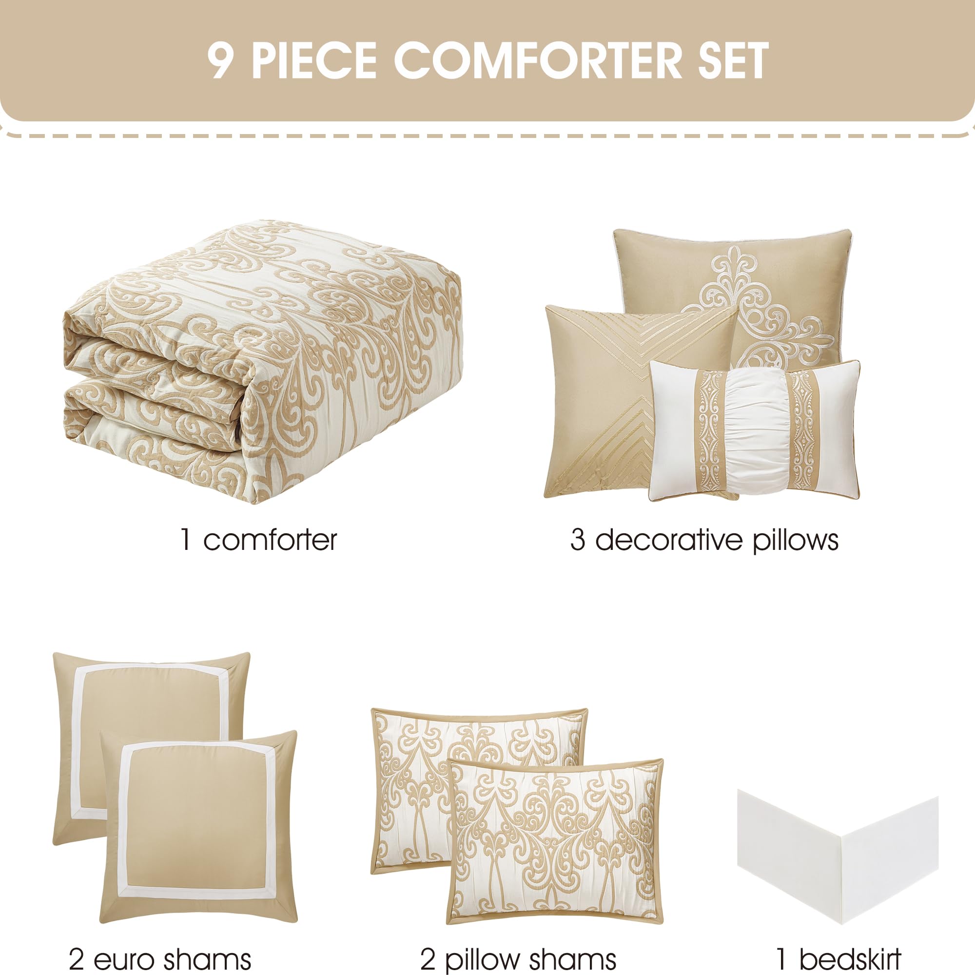 Beige and Gold Jacquard Floral Comforter Set - Queen Size 9 Piece