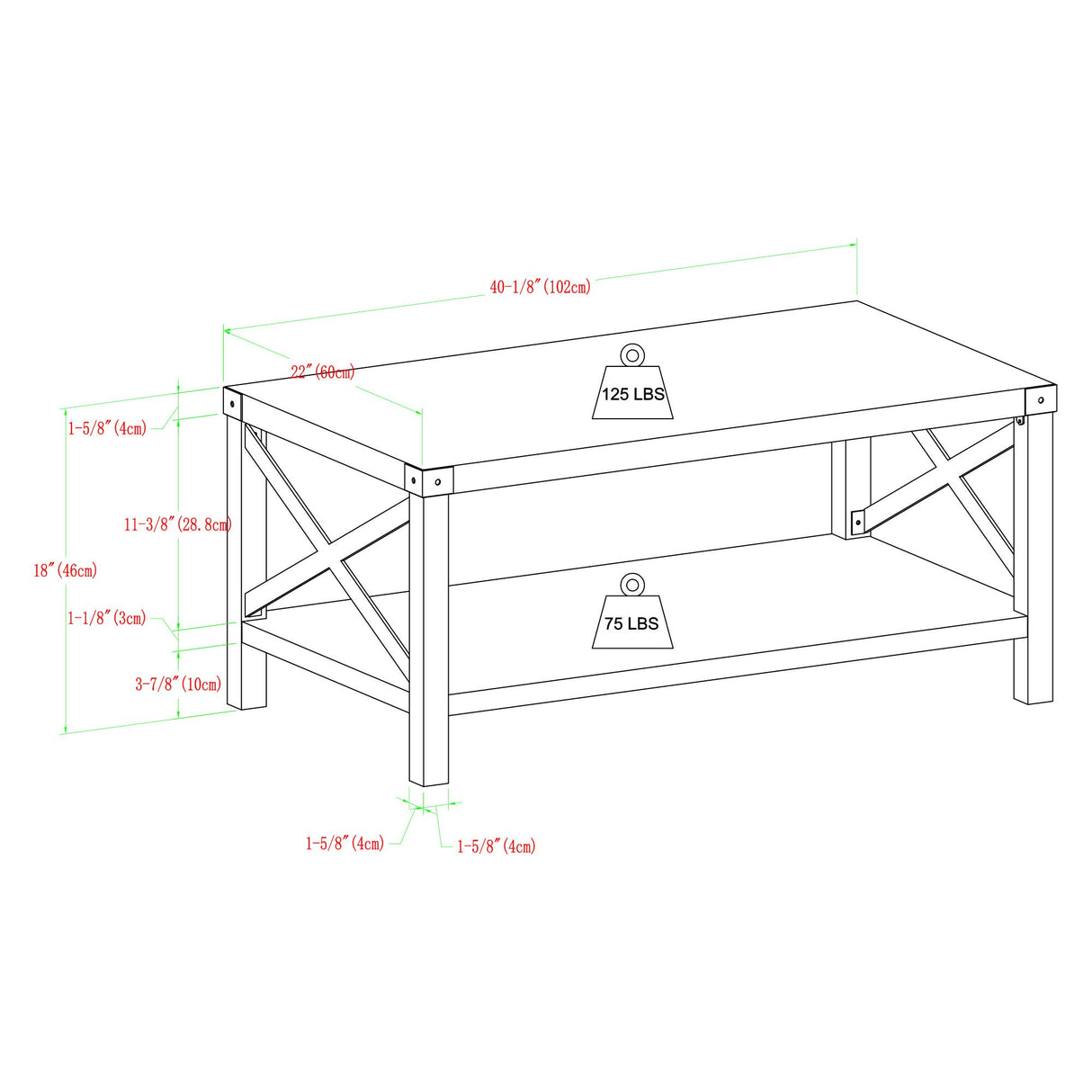 Sedalia Modern Farmhouse Metal X Coffee Table, 40 Inch, White Oak