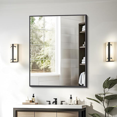 24x48 Inch Large Black Wall Mounted Mirror,Aluminum Framed Decorative Rectangular Bathroom Mirror for Wall Over Sink,