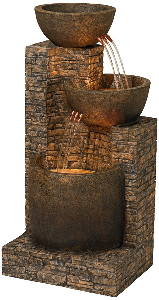 Mason Rustic Outdoor Floor Water Fountain 35" High with LED Light Cascading Three Bowls