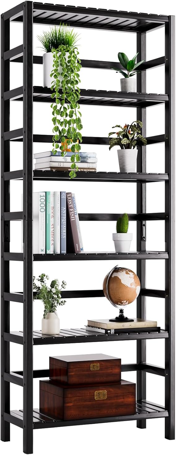 Bamboo Shelf, 6-Tier Adjustable Tall Open Bookcase, Bathroom Storage Rack Freestanding Shelving