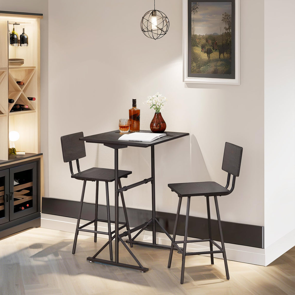 3-Piece Bar Table Chairs, Square Counter Height Bistro Dinette Sets