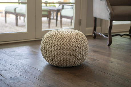 Lola Round Knit Lurex Yarn and Cotton Pouf, Off-White 20x20x14