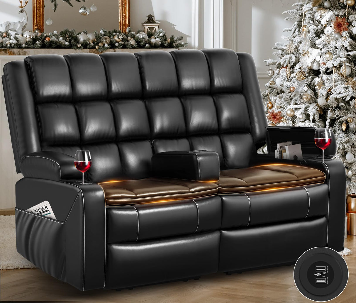 Reclining Loveseat with Removable Console, USB Ports & Cup Holders, RV Wall Hugger Double Recliner Couch, 2 Layer Cushion Modern Manual Love Seat Chair for Living Room, Black