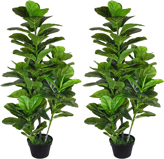 Artificial Fiddle Leaf Fig Tree 4ft Set of 2 - Faux Ficus Plants Indoor Home Decor in Pot