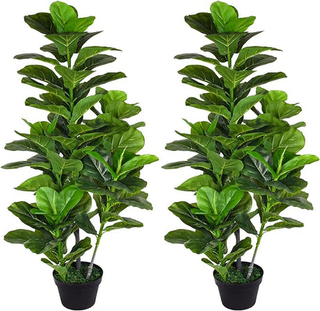 Artificial Fiddle Leaf Fig Tree 4ft Set of 2 - Faux Ficus Plants Indoor Home Decor in Pot