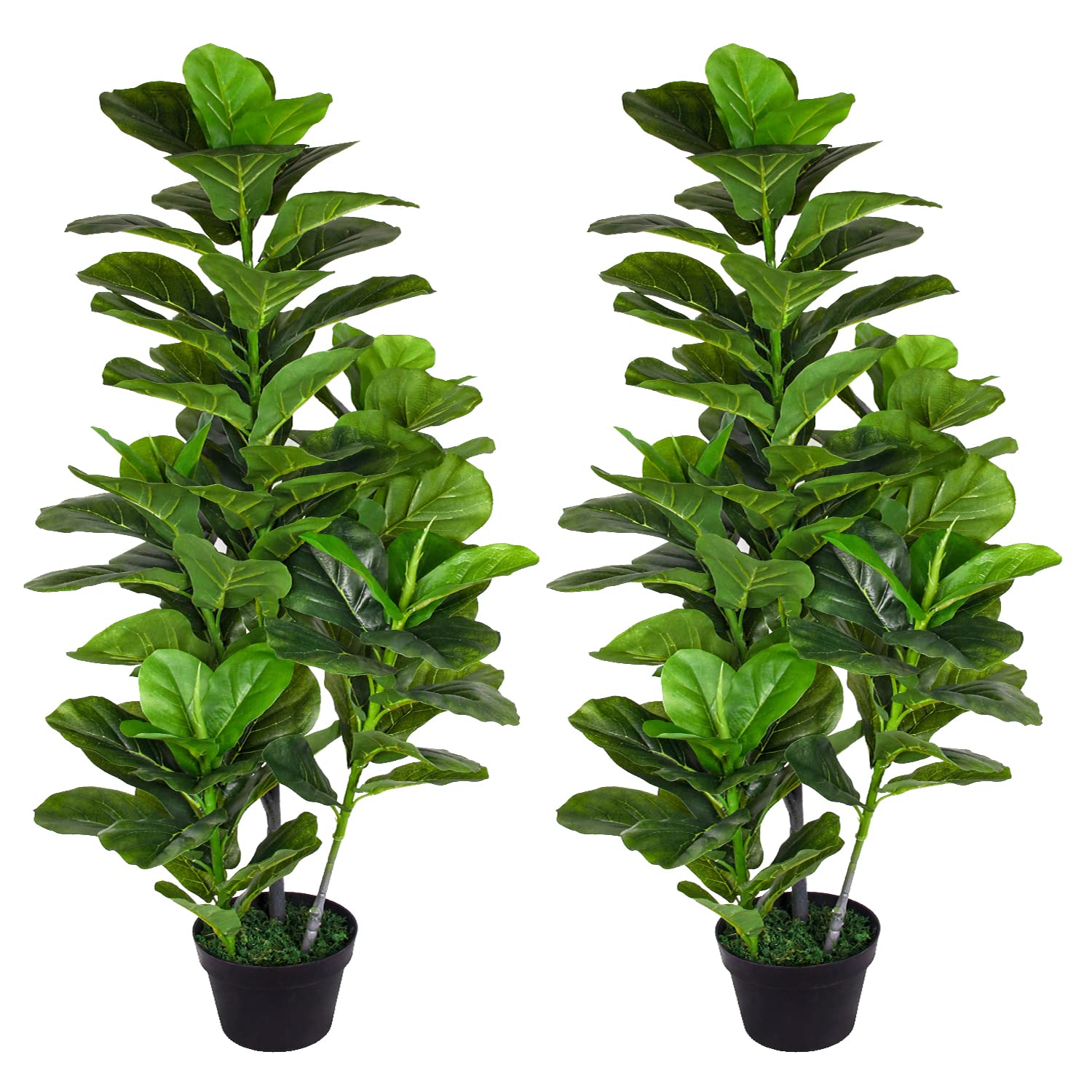 Artificial Fiddle Leaf Fig Tree 4ft Set of 2 - Faux Ficus Plants Indoor Home Decor in Pot