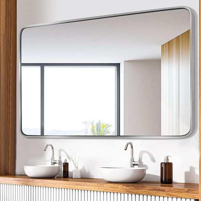 16x24 inch Black Bathroom Rectangle Mirror for Wall Decor Metal Frame Round Corner Matte Rectangular