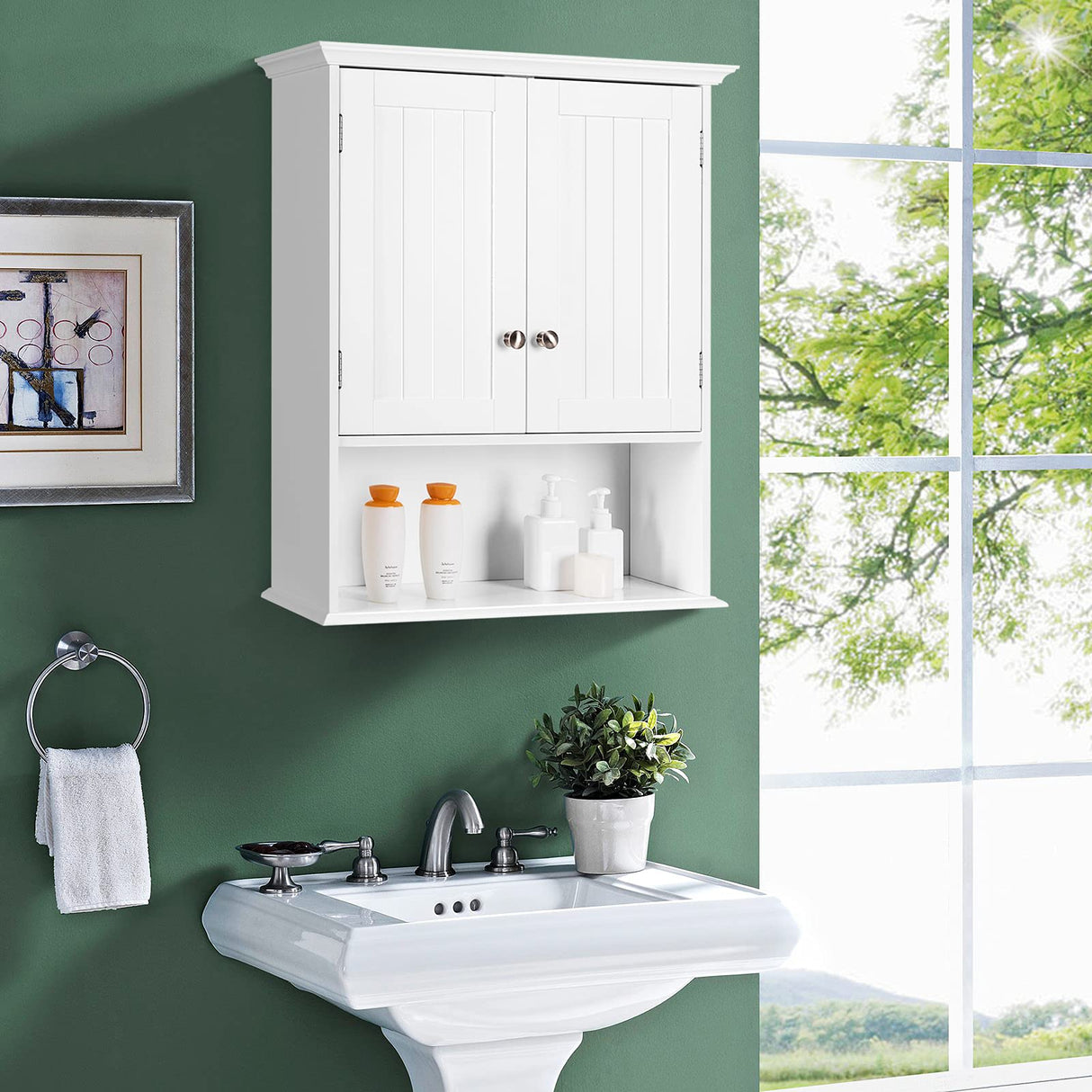 Bathroom Wall Cabinet, Wooden Hanging Storage Cabinet with Doors & Shelves,