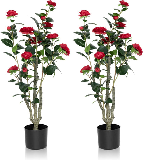 2Pack Artificial Camellia Tree 3FT, Red Faux Camellia Plant Fake Potted Camellia Flower