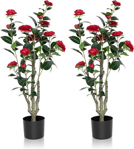 2Pack Artificial Camellia Tree 3FT, Red Faux Camellia Plant Fake Potted Camellia Flower