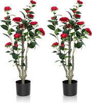 2Pack Artificial Camellia Tree 3FT, Red Faux Camellia Plant Fake Potted Camellia Flower