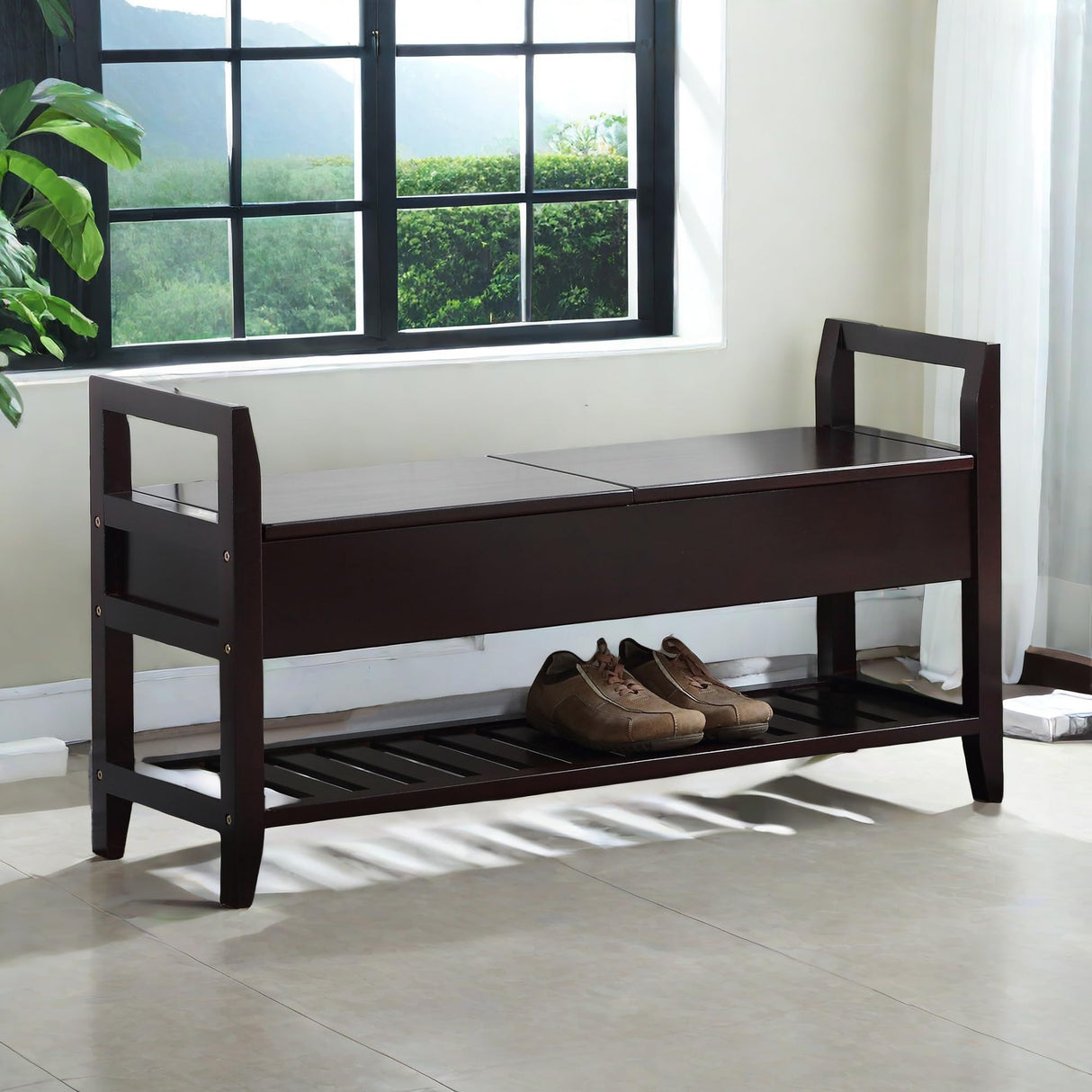 Shoe Bench,Modern Shoe Rack with 2 Separate Cushioned Seats,Wood Storage Bench