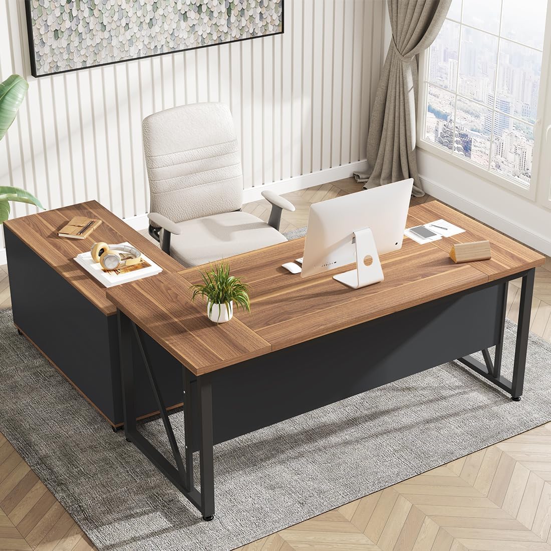 63 inches Executive Desk and 47" lateral File Cabinet, L-Shaped Computer Desk