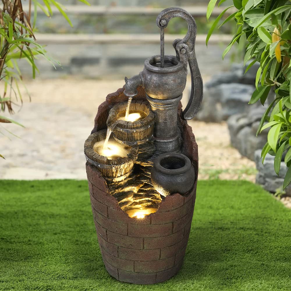 Tier Retro Barrel Outdoor Waterfall Fountain Decor with LED Light,Resin Outdoor Water