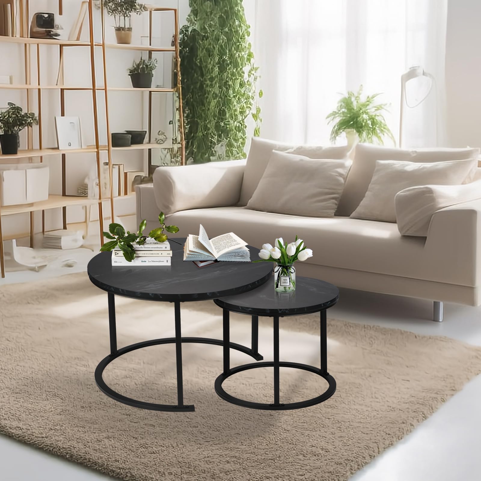 Round Modern Nesting Coffee Table Set of 2,Waterproof Faux Marble Wood Top