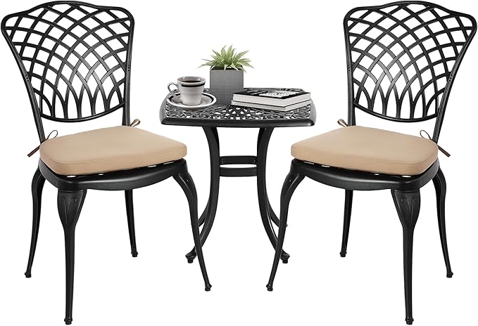 Bistro Table and Chairs Set of 2 Outdoor 3 Piece Patio Set, Rose Pattern Cast Aluminum