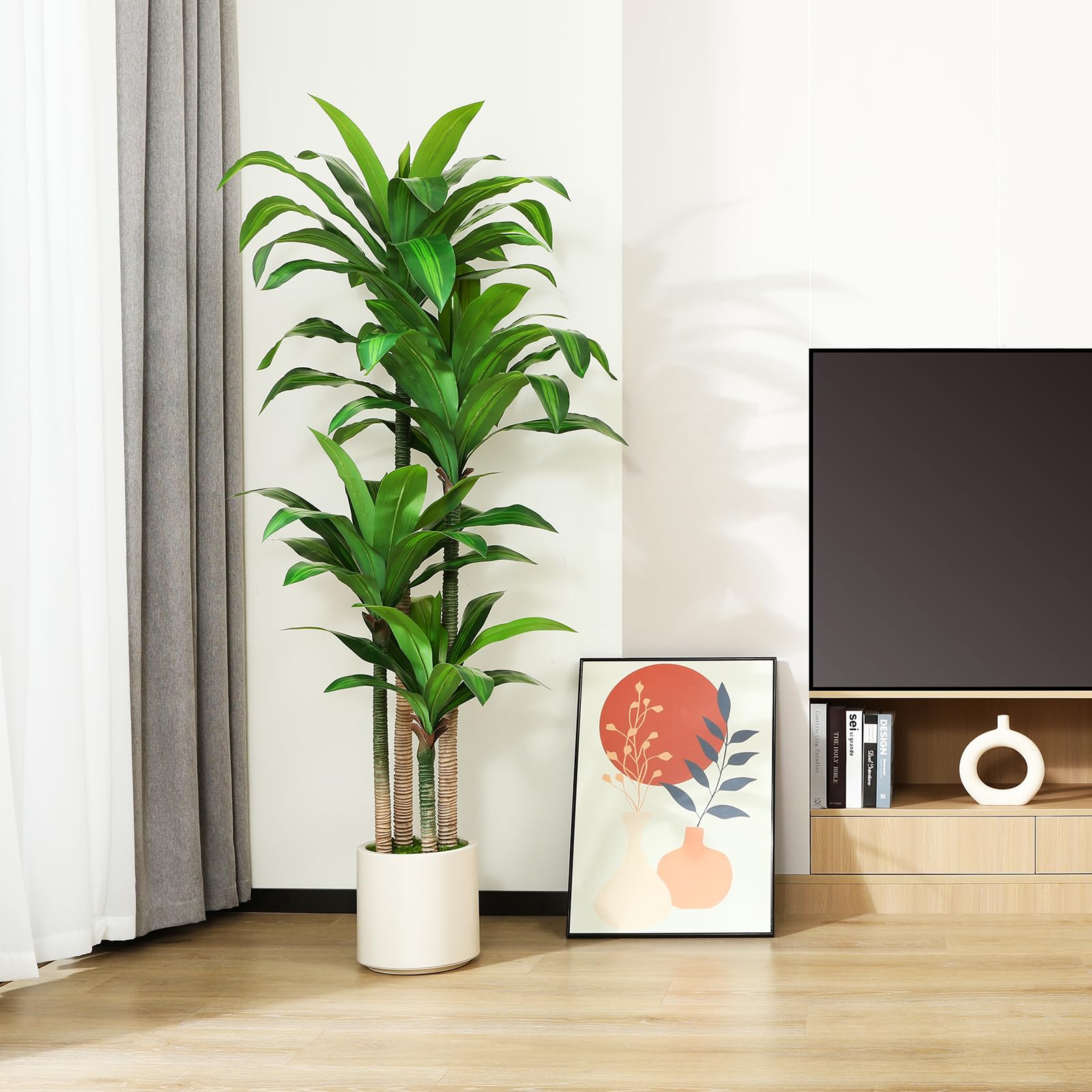 Artificial Dracaena Tree 6ft, Tall Fake Dracaena Plants with White Planter