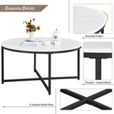 Faux Marble Coffee Table, Modern Round Accent Table with X-Base & Metal Frame,