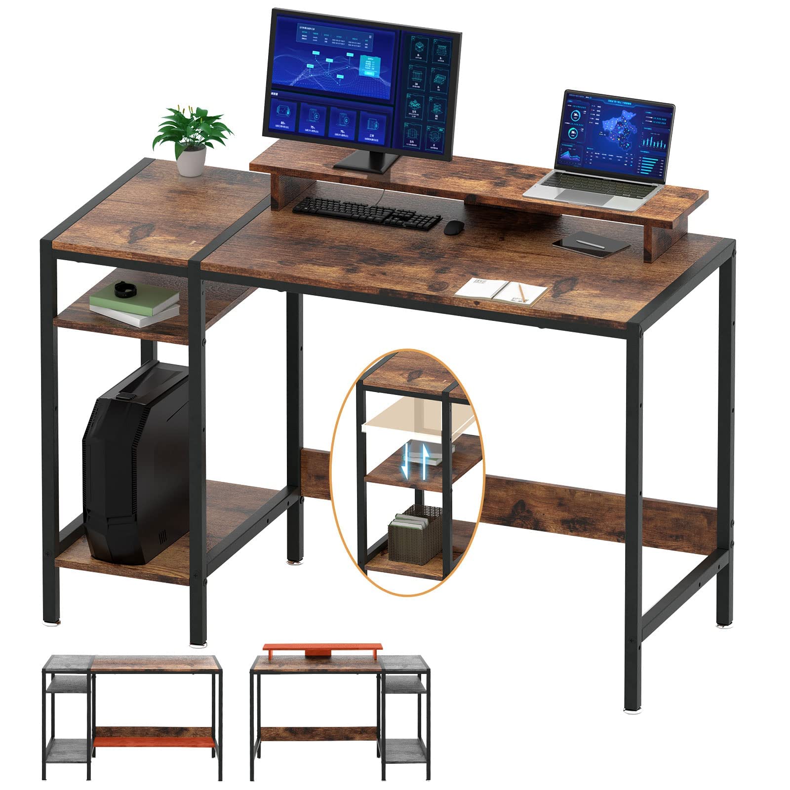 Gaming/Computer Desk - 47” Home Office Small Desk with Monitor Stand, Rustic Writing Desk for 2 Monitors