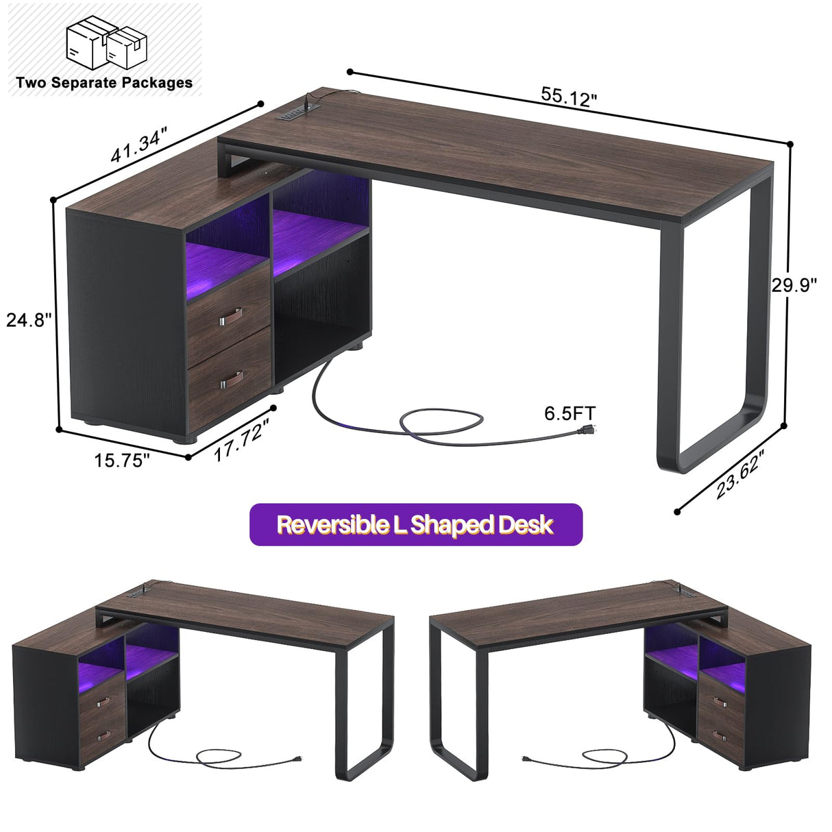 L Shaped Desk with File Cabinet & Power Outlet, Reversible 55 Inch Large Corner