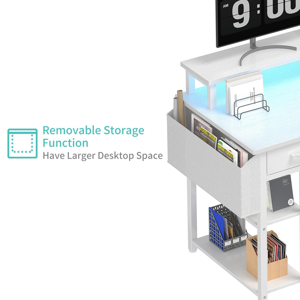 Lufeiya White Computer Desk with Fabric Drawers, 47 Inch Home Office Desk with Monitor Stand Shelves, Writing Study Gaming Desks with Led Lights and Power Outlets for Bedroom, White