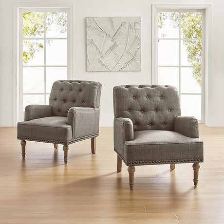 Set of 2 Modern Accent Chair with Retro Wood Legs, Comfy Upholstered Armchair with Button-Tufted and Nailhead Trim for Living Room Bedroom, Oatmeal