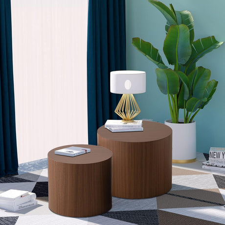 Round Nesting Coffee Table Set of 2 Modern Drum Coffee Table Side Table Storage