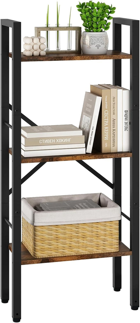 4 Tier Ladder Shelf Industrial Small Bookcase, Narrow Small Bookshelf with Metal Frame, Multifunctional Skinny Shelf for Bedroom, Living Room, Home Office, Rustic Brown