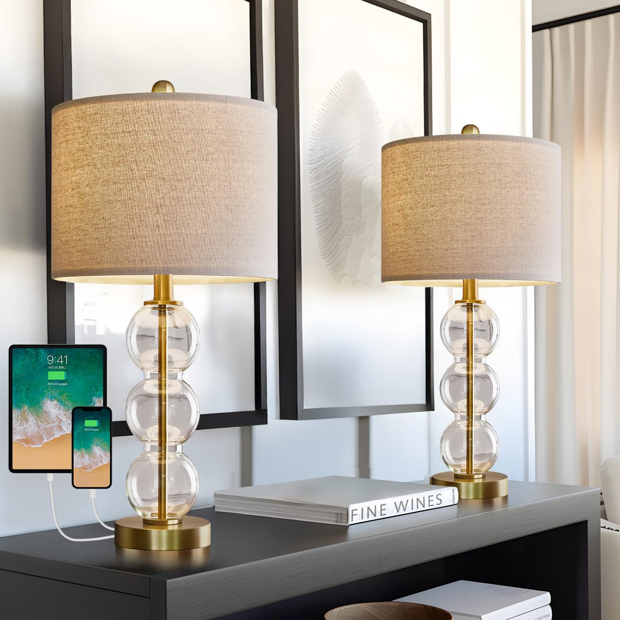 USumkky 24'' Glass Table Lamps Set of 2 for Bedroom Living Room,Gold Glass Bedside Lamps for Nightstands with USB Ports and AC Outlets(Bulbs not Included)