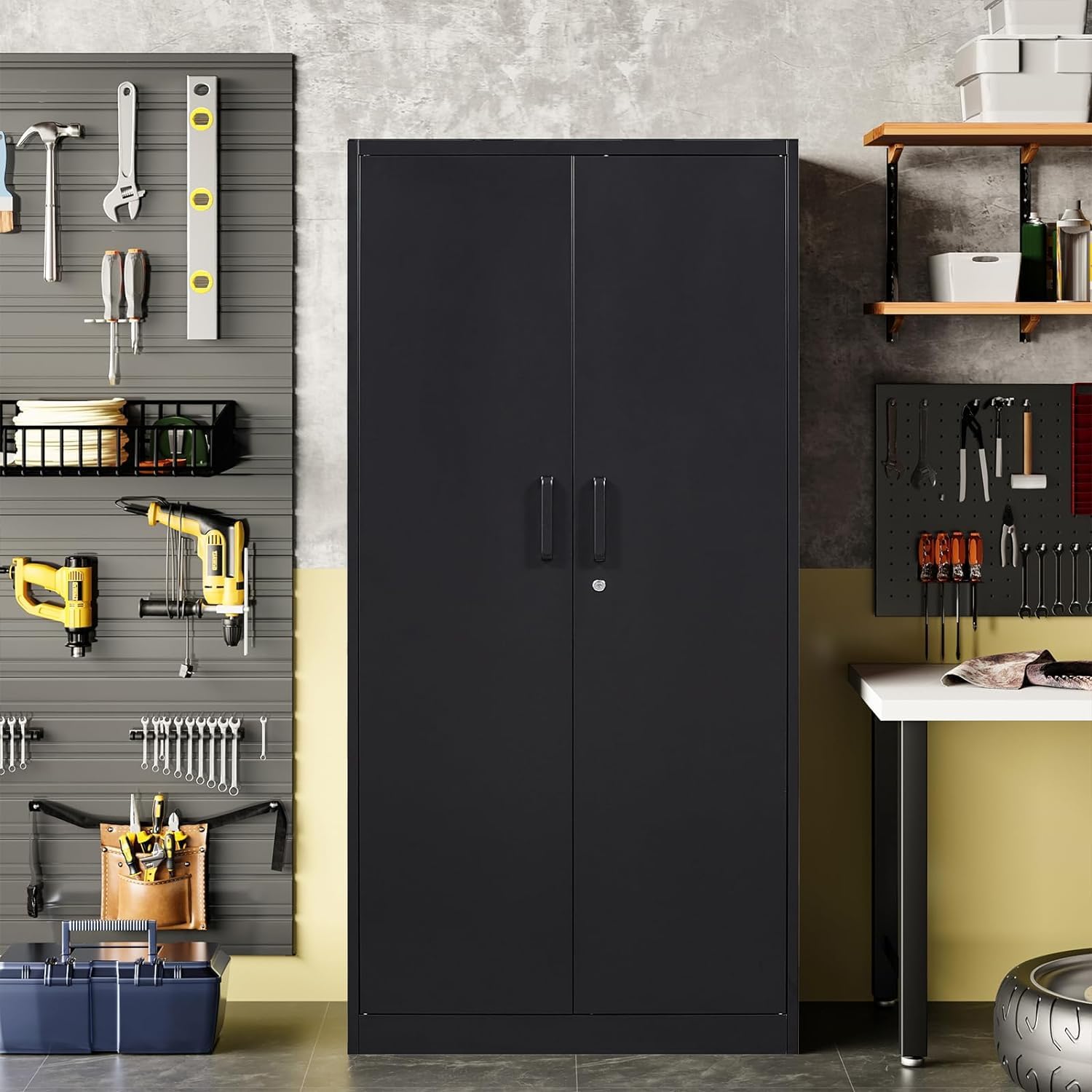 Metal Storage Cabinet with 5 Adjustable Shelves, Pantry Cabinet with 2 doors